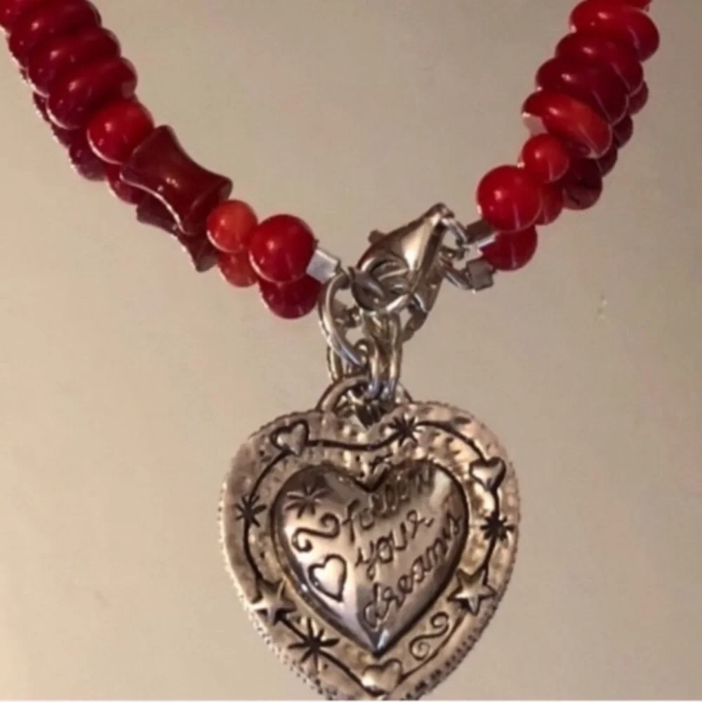Rare Vintage Silpada Red Coral Sterling Silver Heart Charm Bracelet B0937